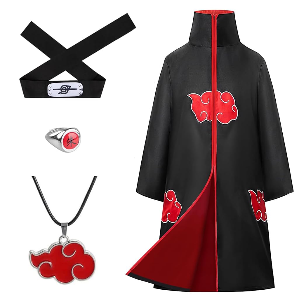 PATPAT Akatsuki Cloak 4Pcs Set, Anime Cosplay Costumes for Women Men with Headband Necklace Ring for Halloween Cosplay Party - Size XL PATPAT Akatsuki Cloak 4Pcs Set, Anime Cosplay Costumes for Women Men with Headband Necklace Ring for Halloween Cosplay Party - Size XL
